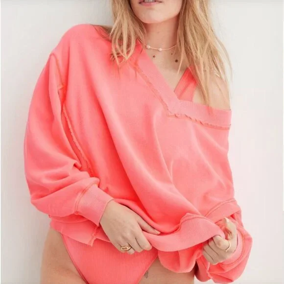 Aerie Tropadel Pink Vacay Every Day V-Neck Pullover Oversized Sweatshirt sz XXS - Picture 1 of 9